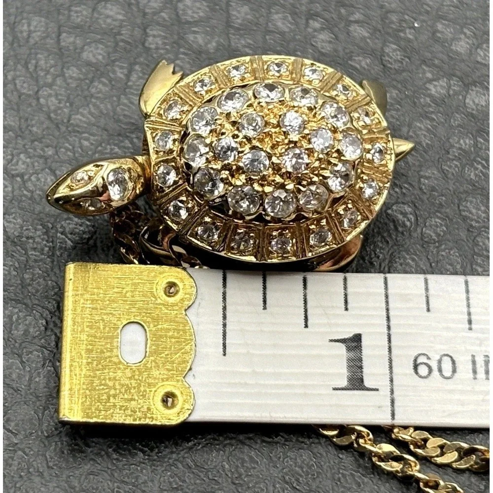 Vermeil Sterling Silver Moving Turtle Rhinestone Pendant Necklace 30